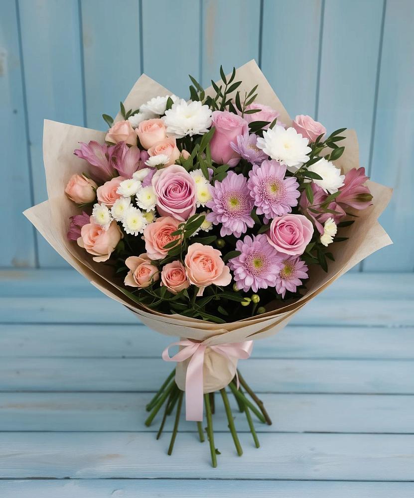 Букет цветов из: Хризантемы, Розы и Альстромерии в Листвянке