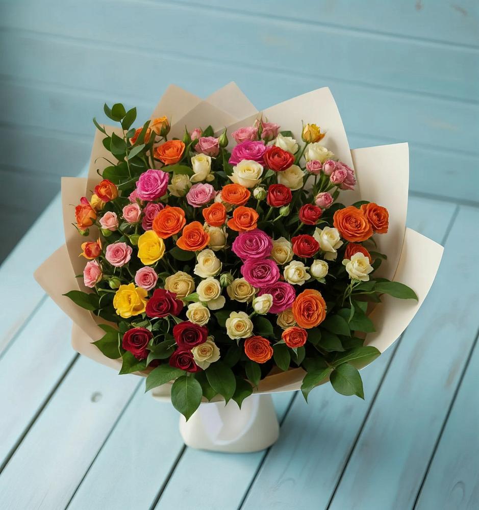 Букет Микс из разноцветных кустовых роз в Листвянке