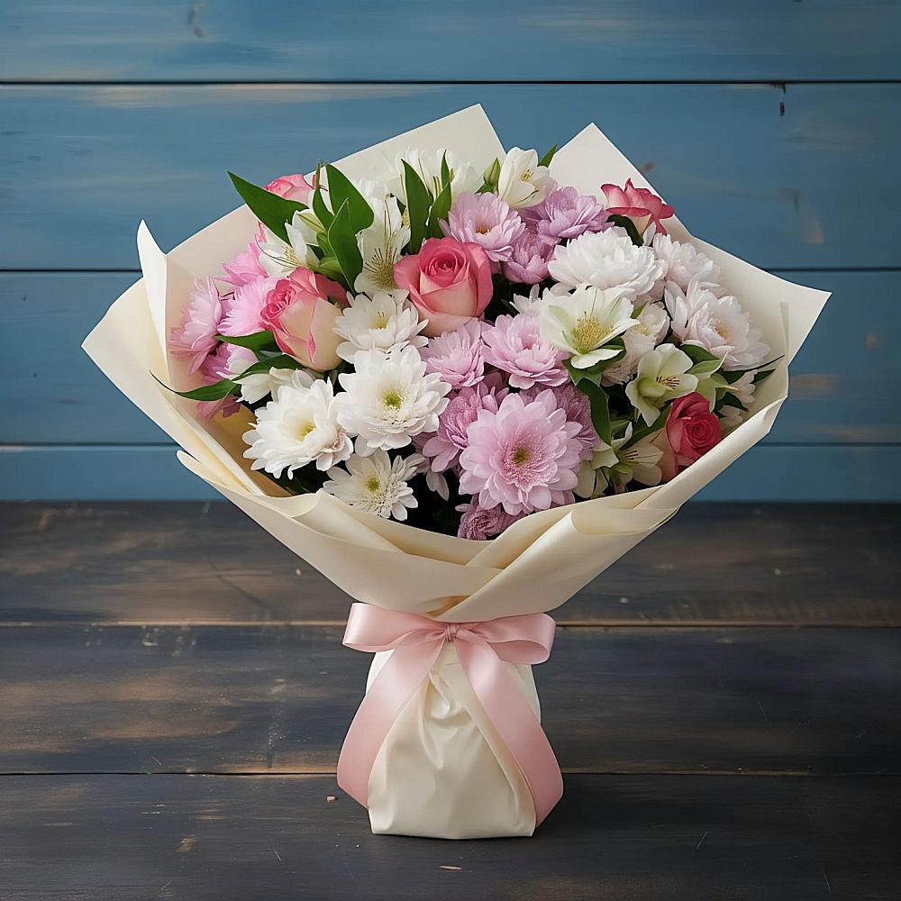 Букет цветов из: Хризантемы, Альстромерии и Розы в Листвянке